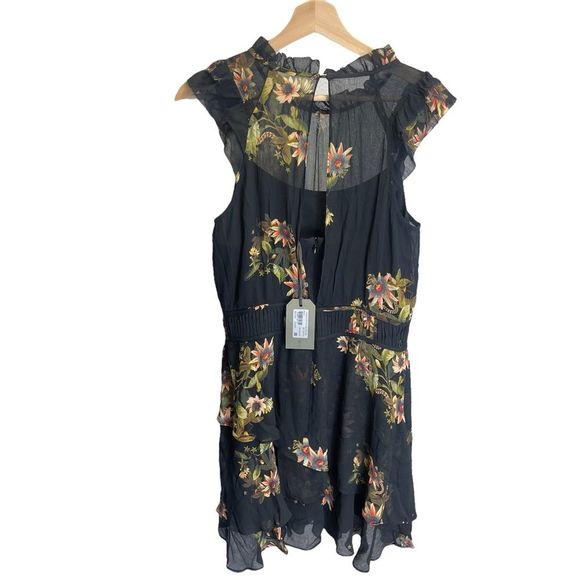 All Saints Caylan Avifauna Dress Black Floral Short Sheer Ruffle Collar Logo - Picture 5 of 14